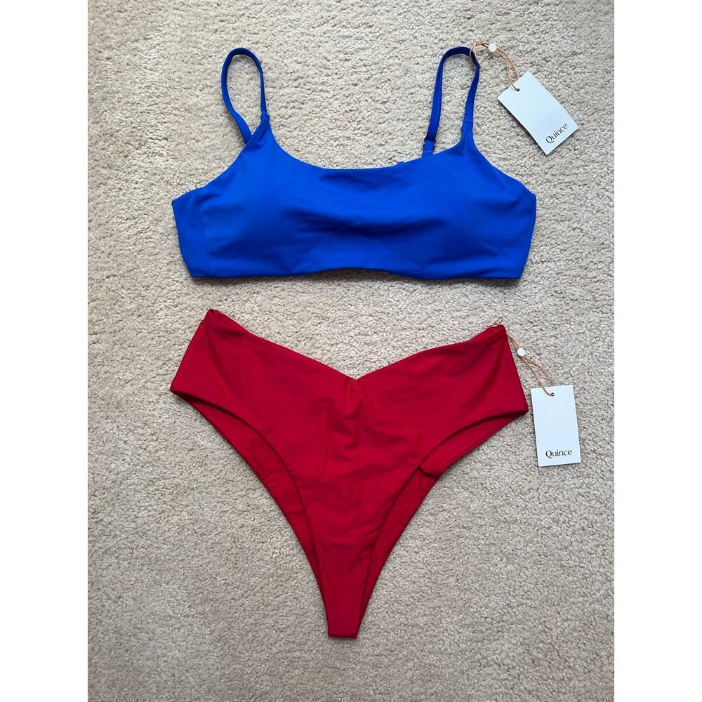 NEW Quince Italian Red and Blue Bikini Set Swimsuit Scoop Top Cheeky Bottoms XL